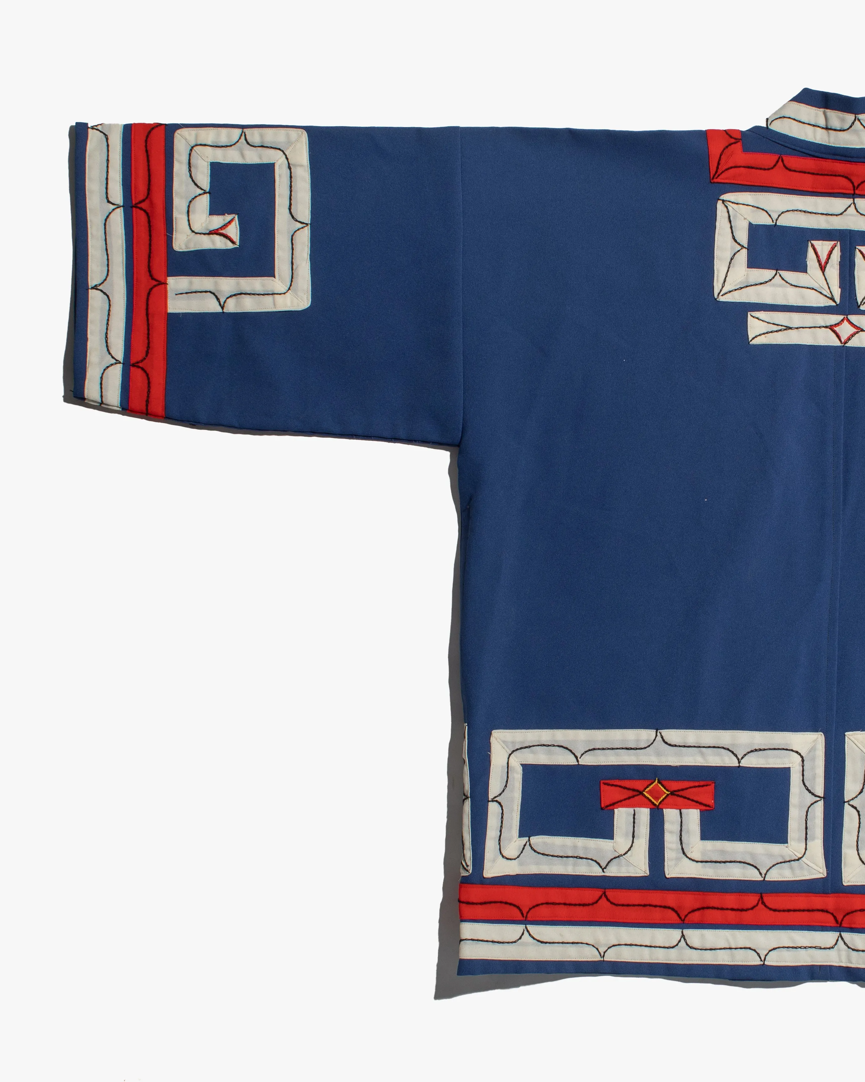 Vintage Ainu Robe, Short, Blue with Red and White Patterns
