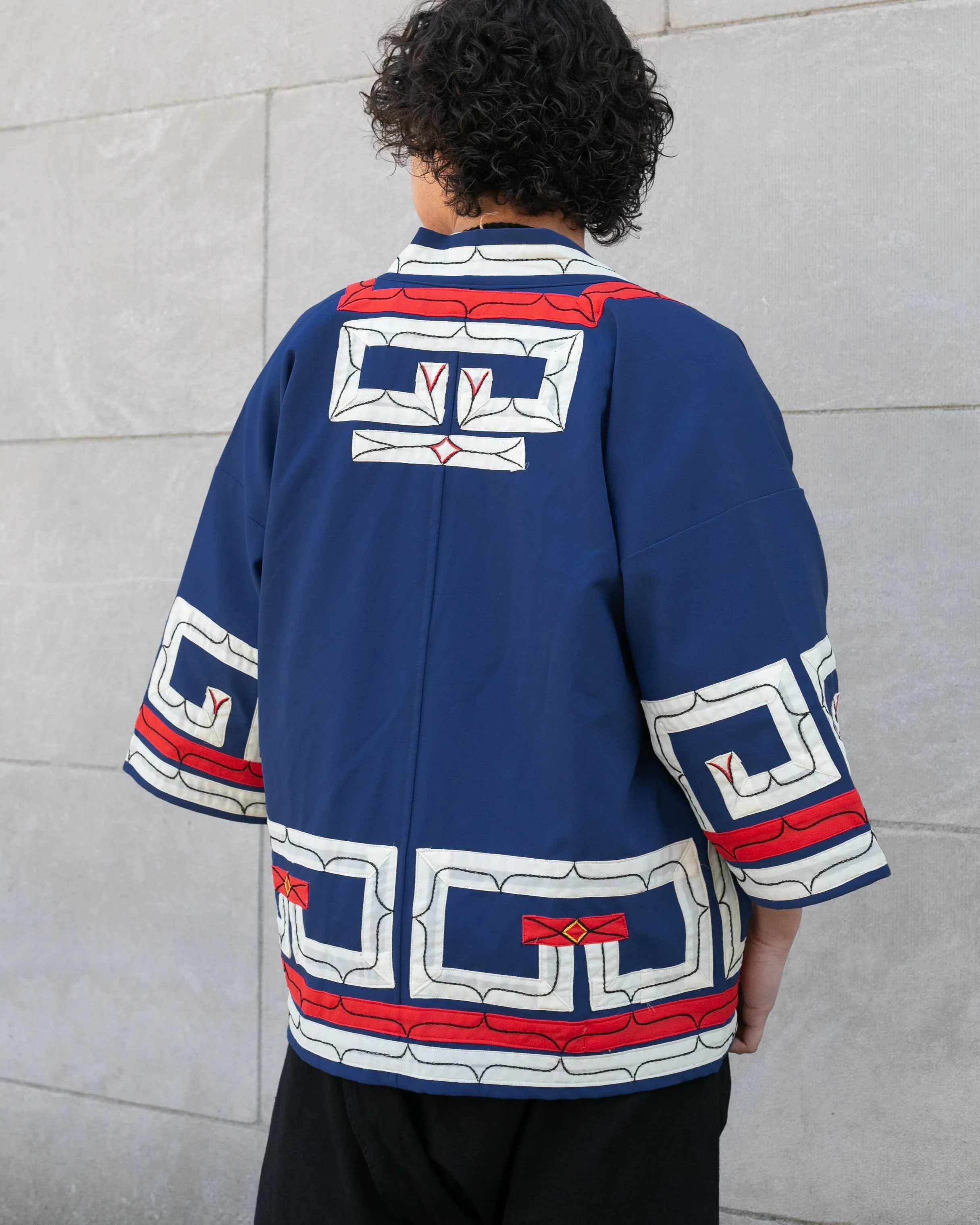 Vintage Ainu Robe, Short, Blue with Red and White Patterns