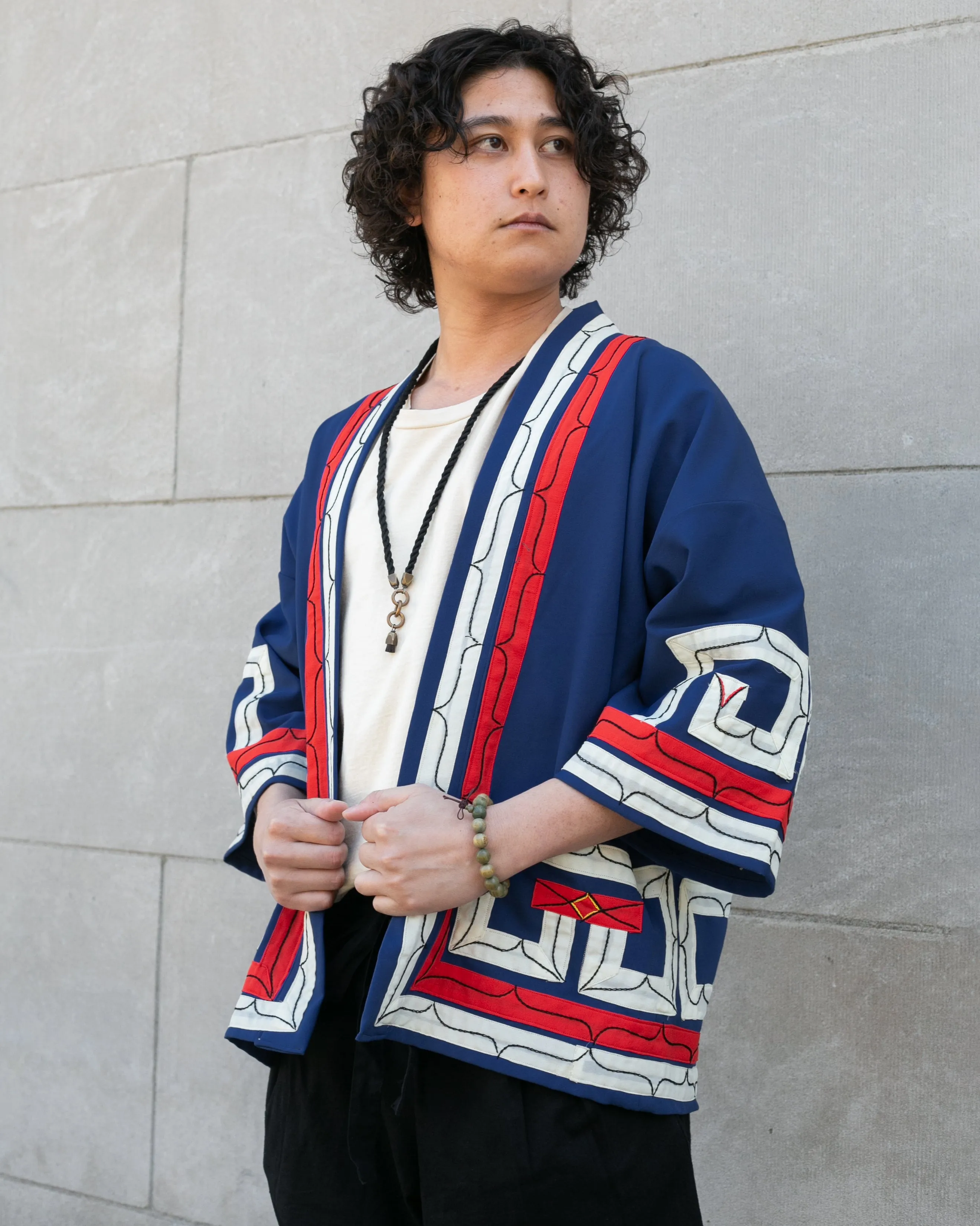 Vintage Ainu Robe, Short, Blue with Red and White Patterns