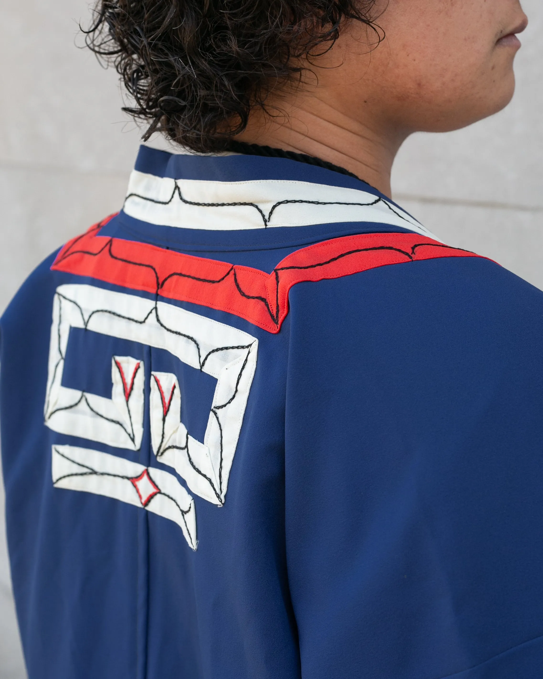 Vintage Ainu Robe, Short, Blue with Red and White Patterns