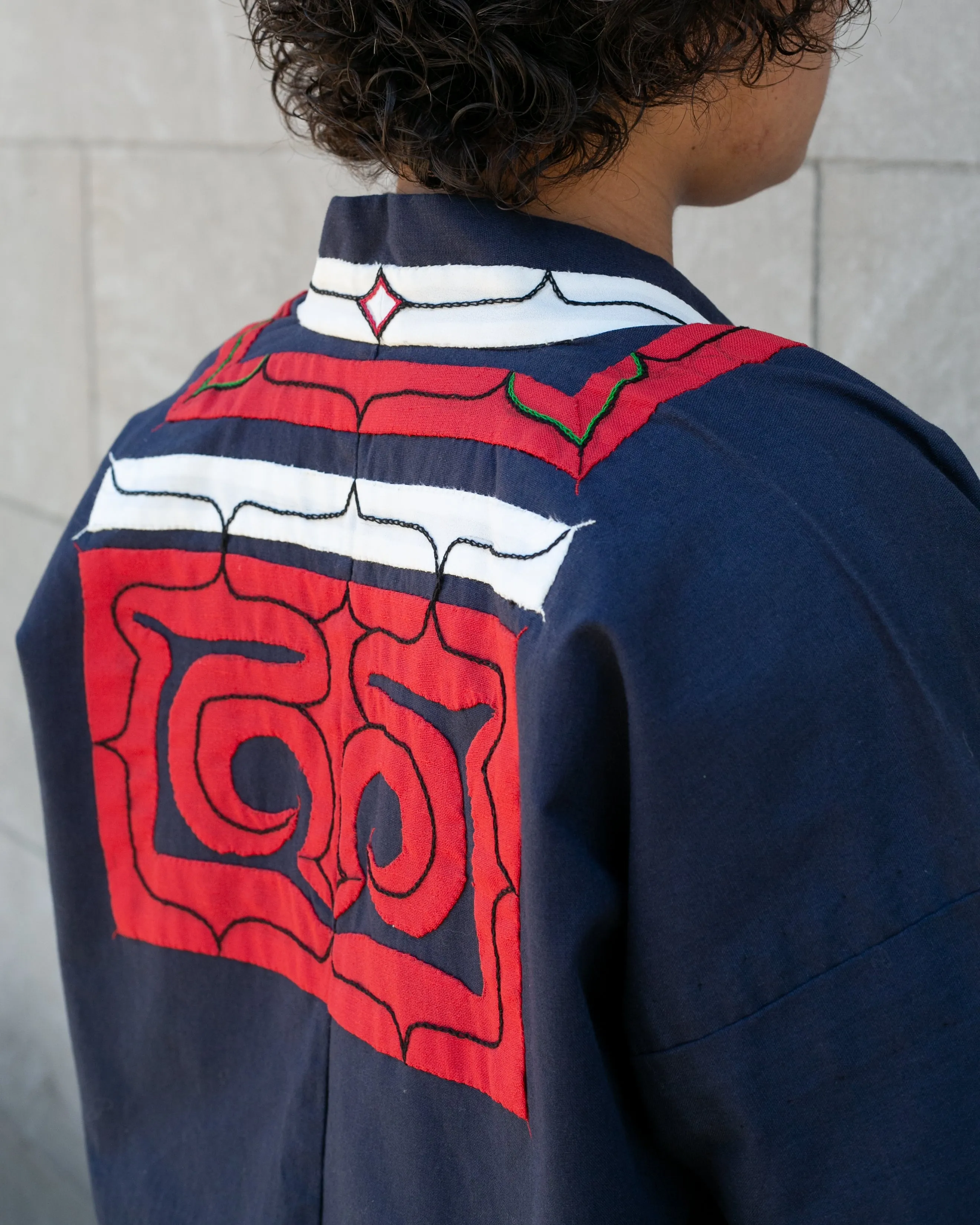 Vintage Ainu Robe, Short, Indigo with Red and White Patterns