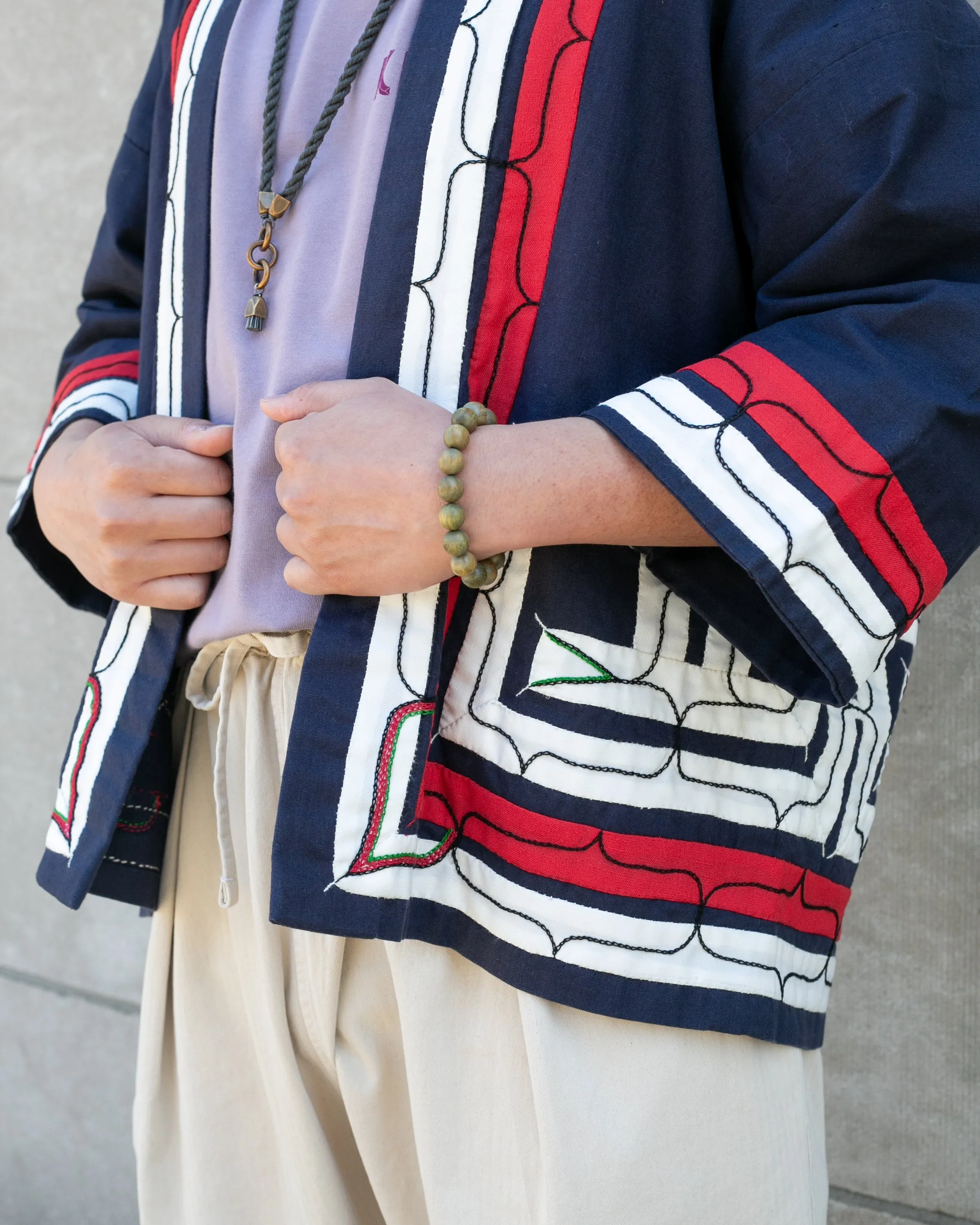 Vintage Ainu Robe, Short, Indigo with Red and White Patterns