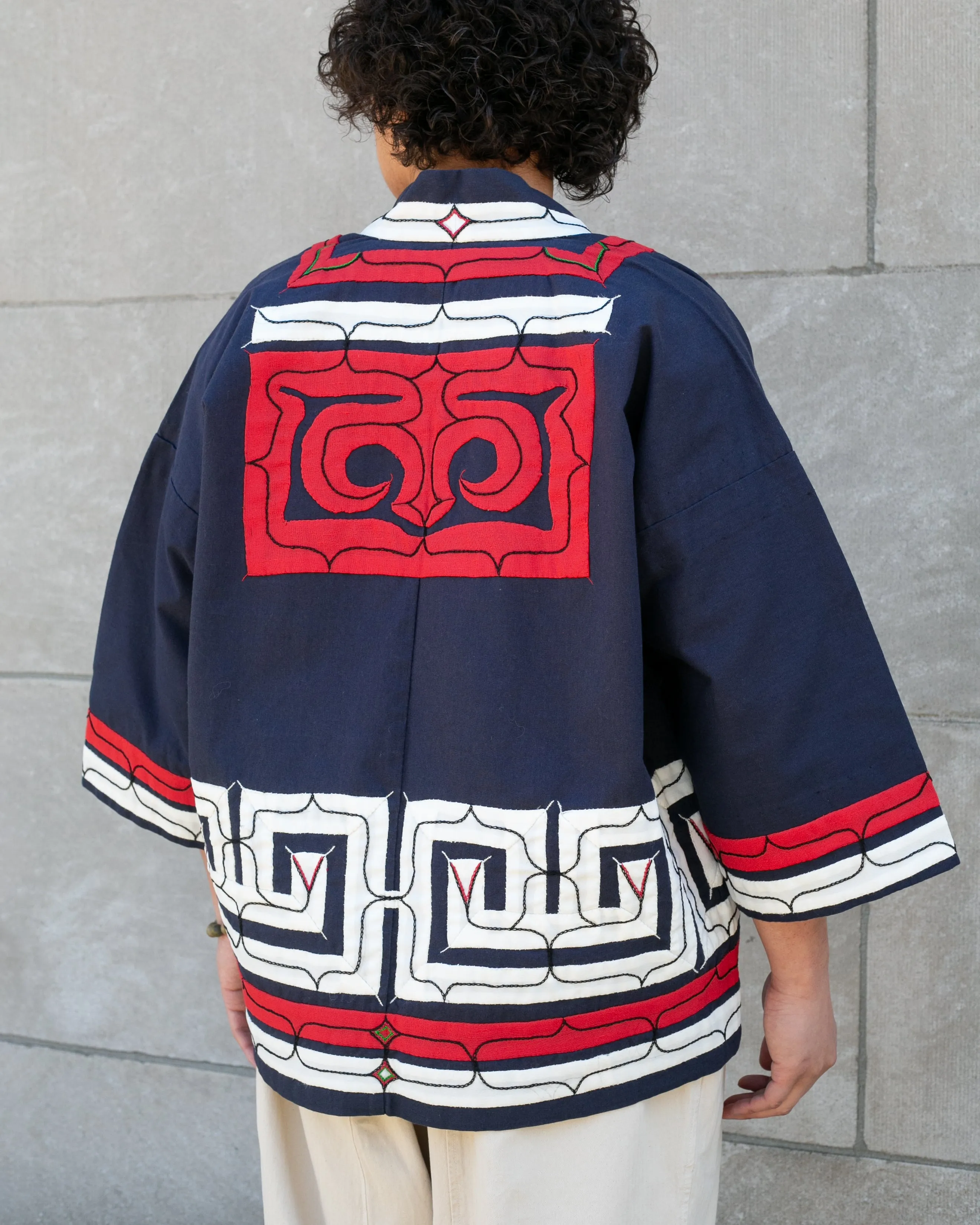 Vintage Ainu Robe, Short, Indigo with Red and White Patterns