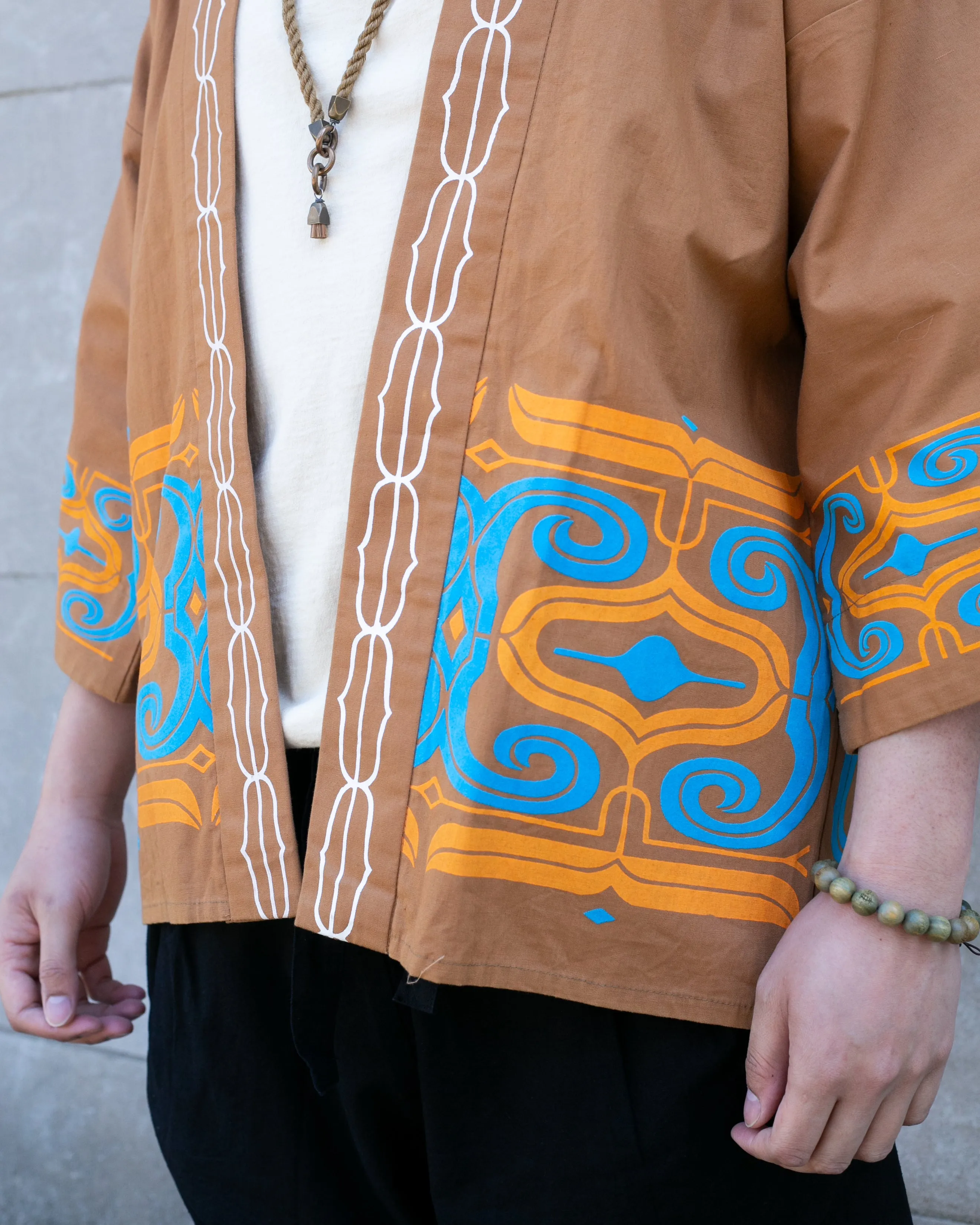 Vintage Ainu Robe, Short, Light Brown with Teal and Orange Patterns