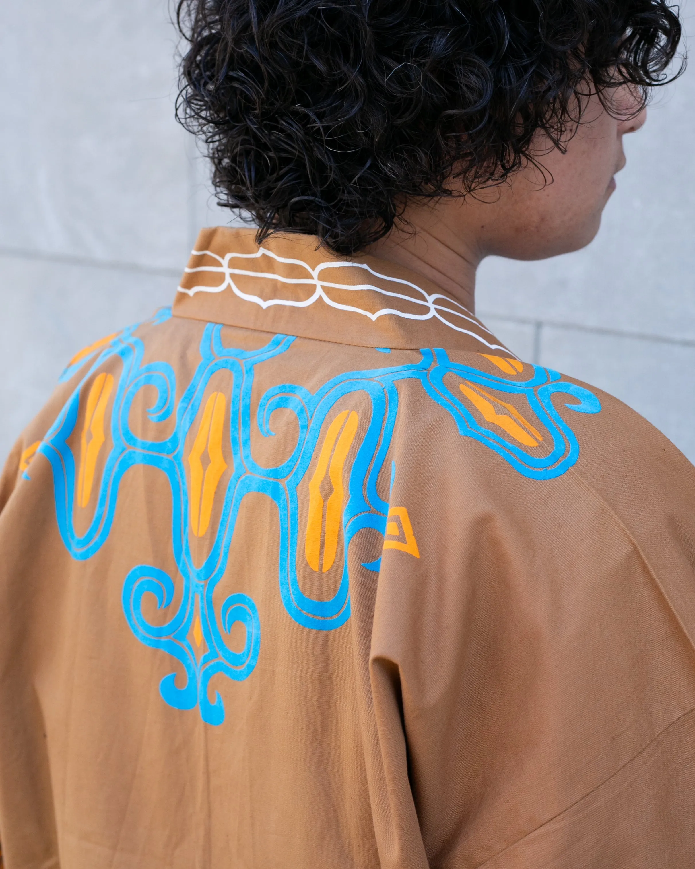 Vintage Ainu Robe, Short, Light Brown with Teal and Orange Patterns