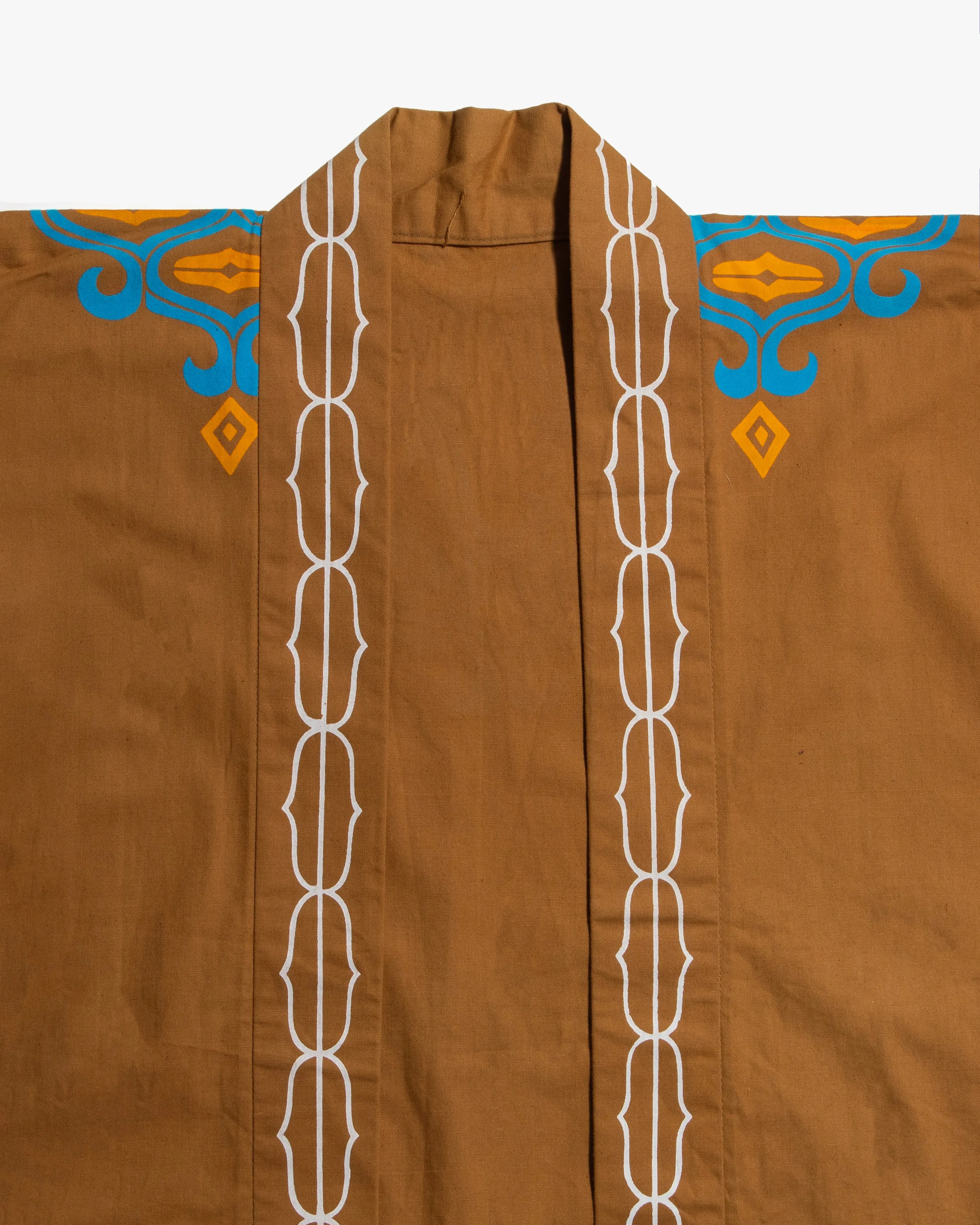Vintage Ainu Robe, Short, Light Brown with Teal and Orange Patterns