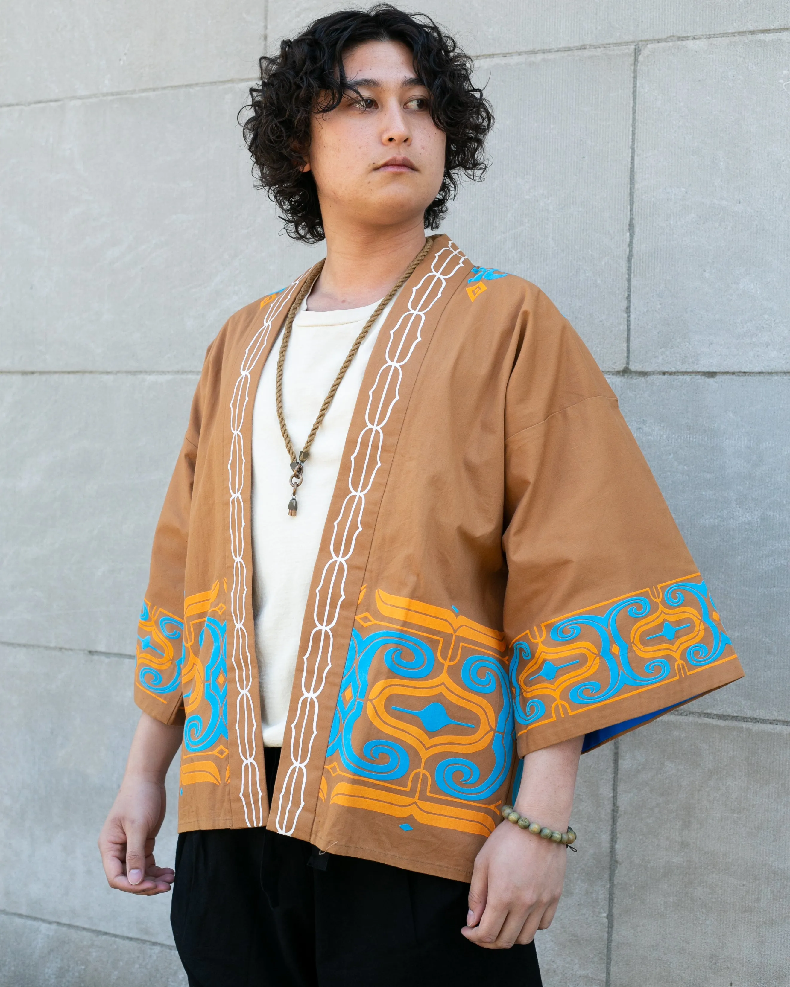 Vintage Ainu Robe, Short, Light Brown with Teal and Orange Patterns