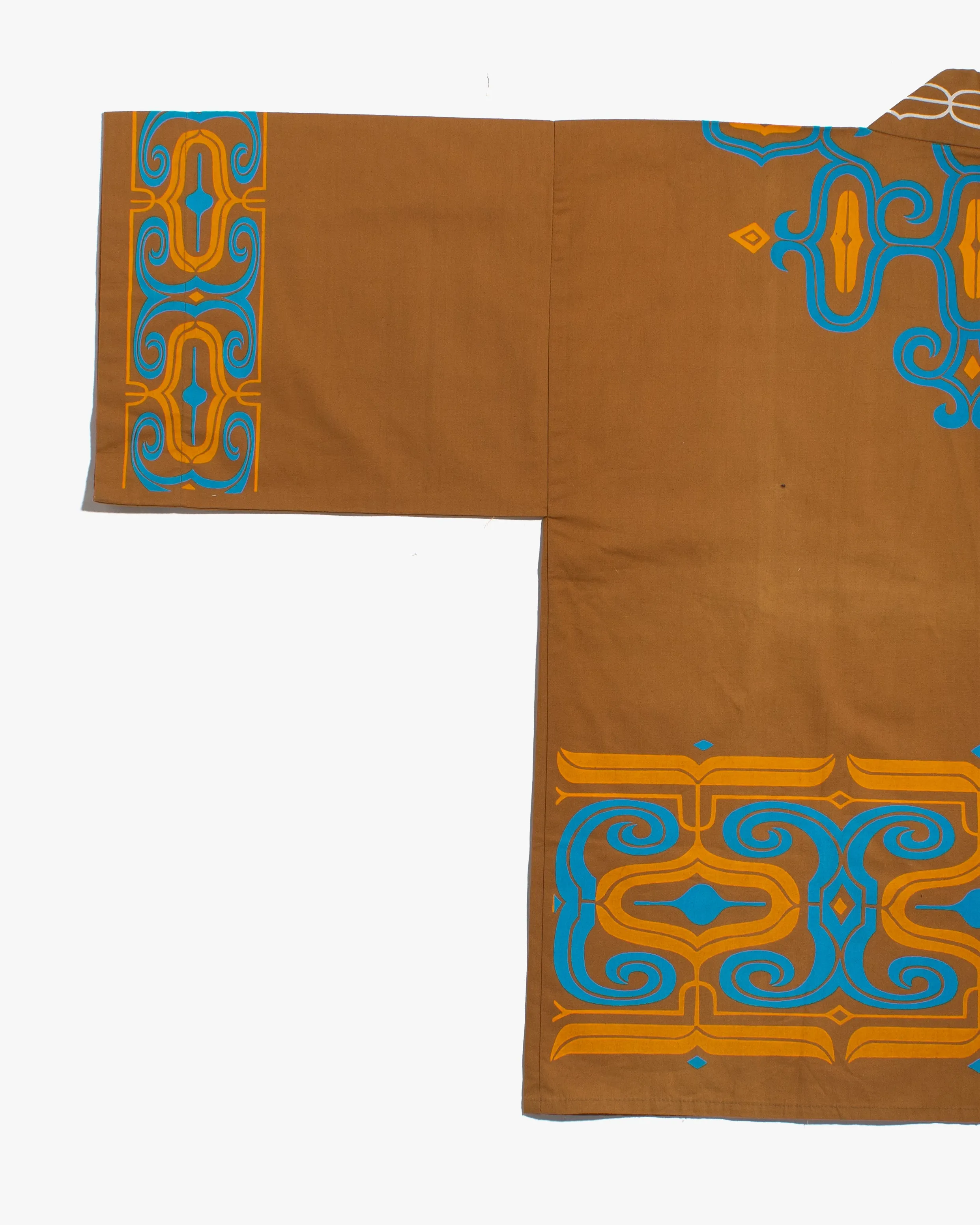 Vintage Ainu Robe, Short, Light Brown with Teal and Orange Patterns