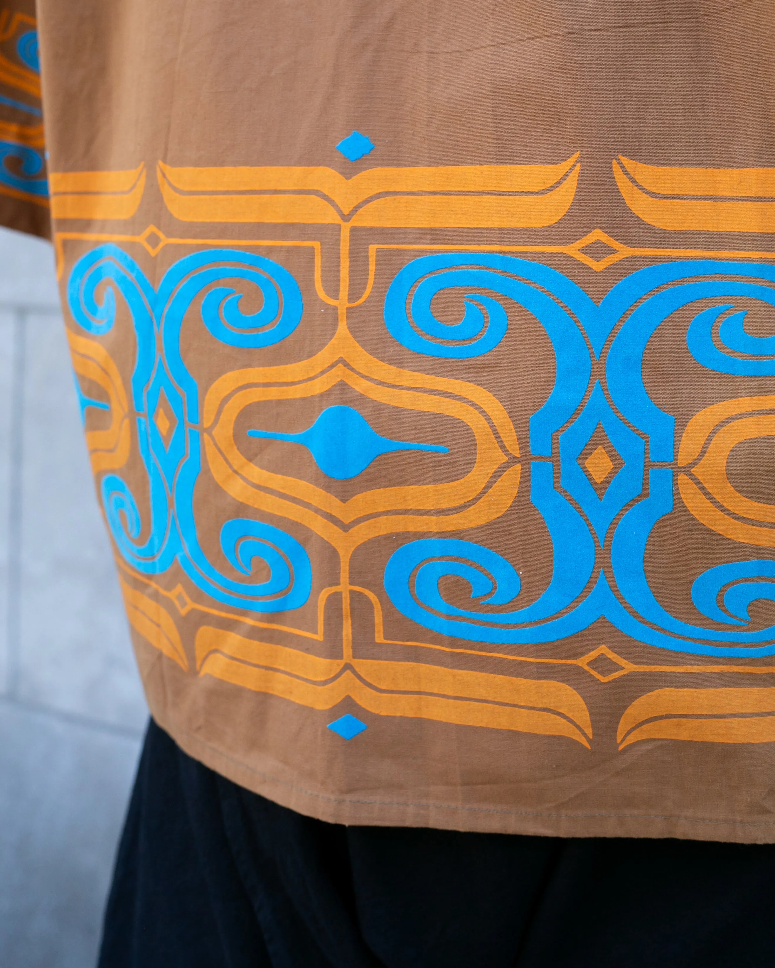 Vintage Ainu Robe, Short, Light Brown with Teal and Orange Patterns