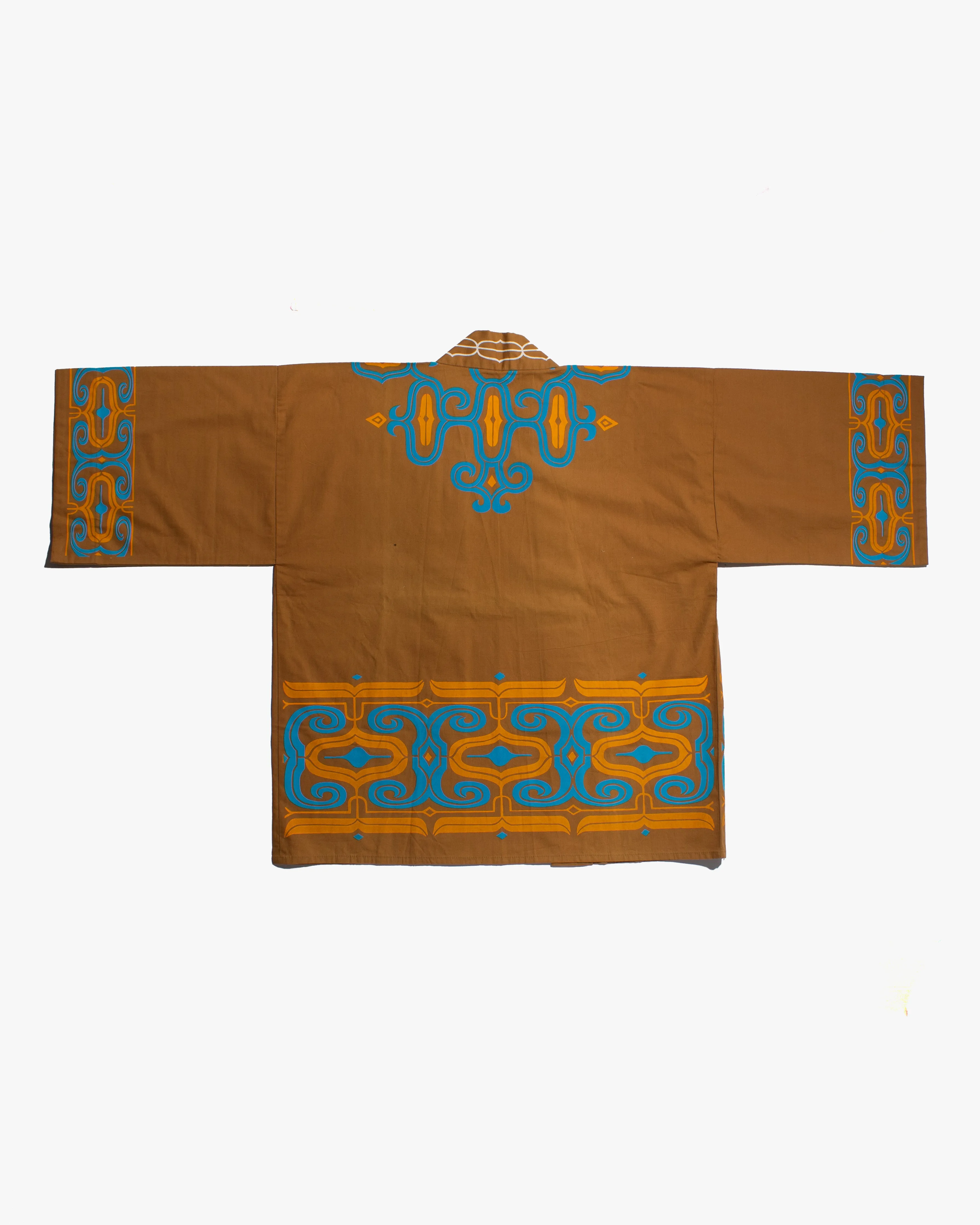Vintage Ainu Robe, Short, Light Brown with Teal and Orange Patterns
