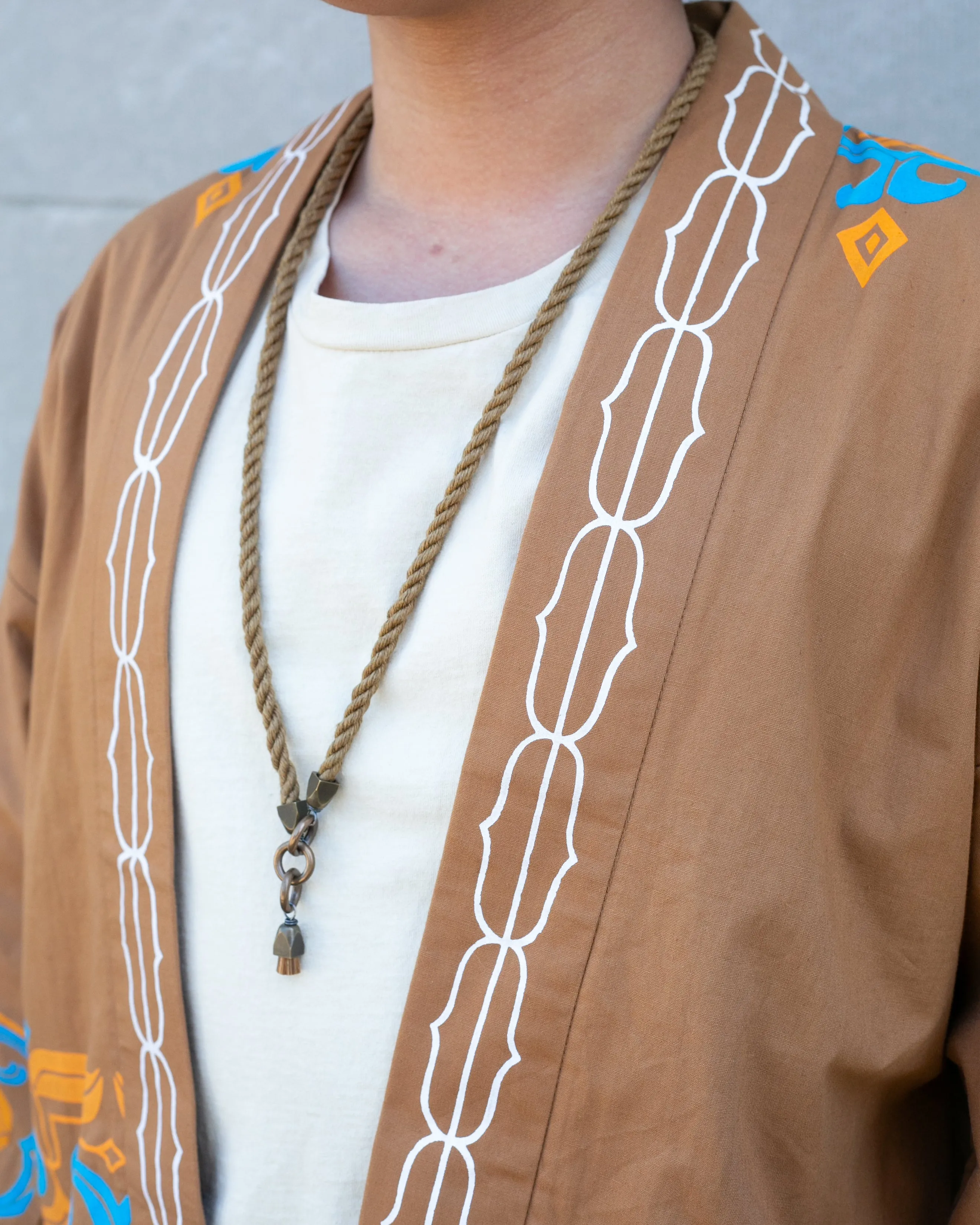 Vintage Ainu Robe, Short, Light Brown with Teal and Orange Patterns