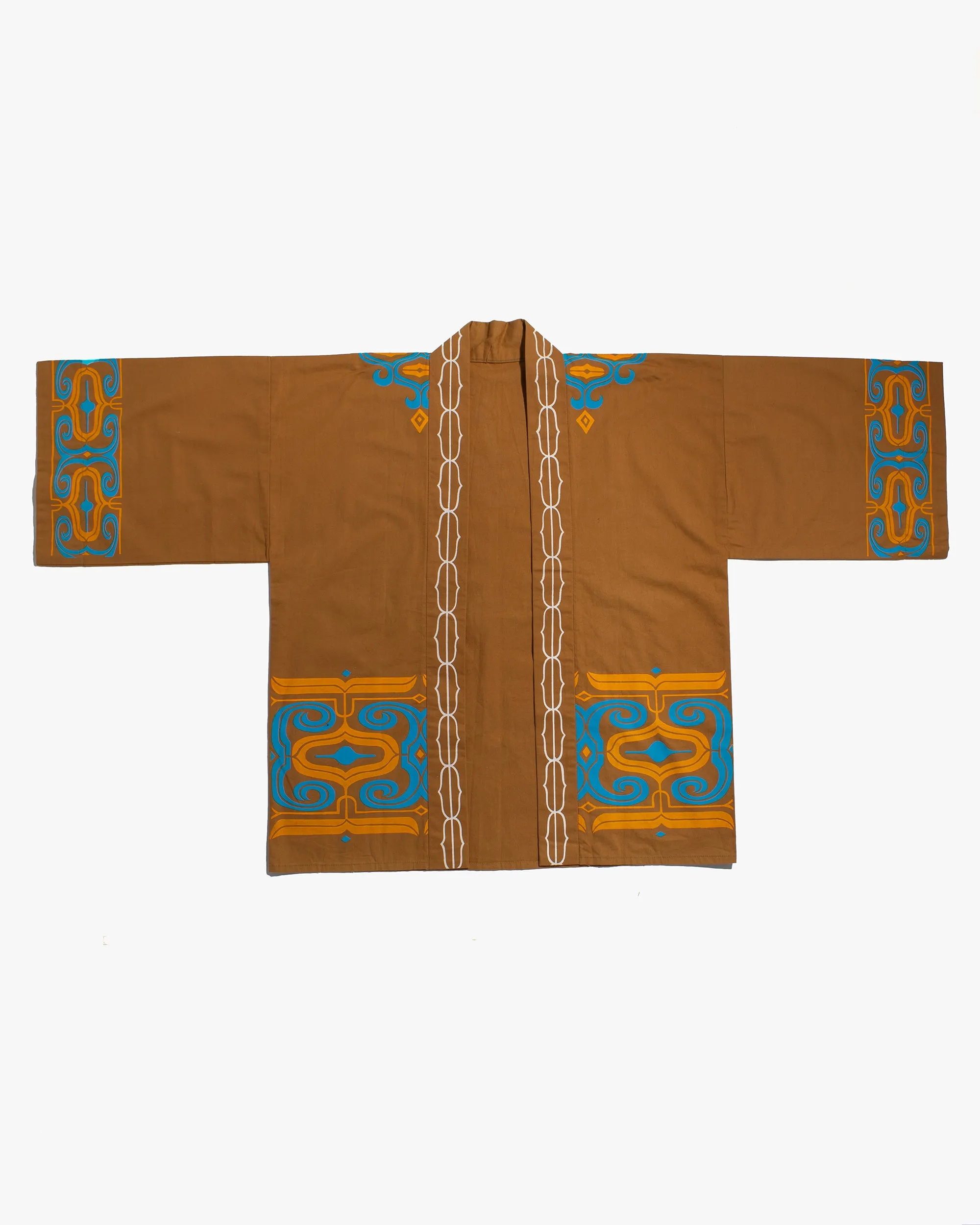 Vintage Ainu Robe, Short, Light Brown with Teal and Orange Patterns