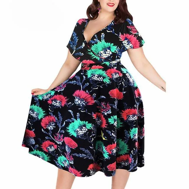 Vintage Women's Short Sleeve A-line Stretchy Midi Dress With Floral Print