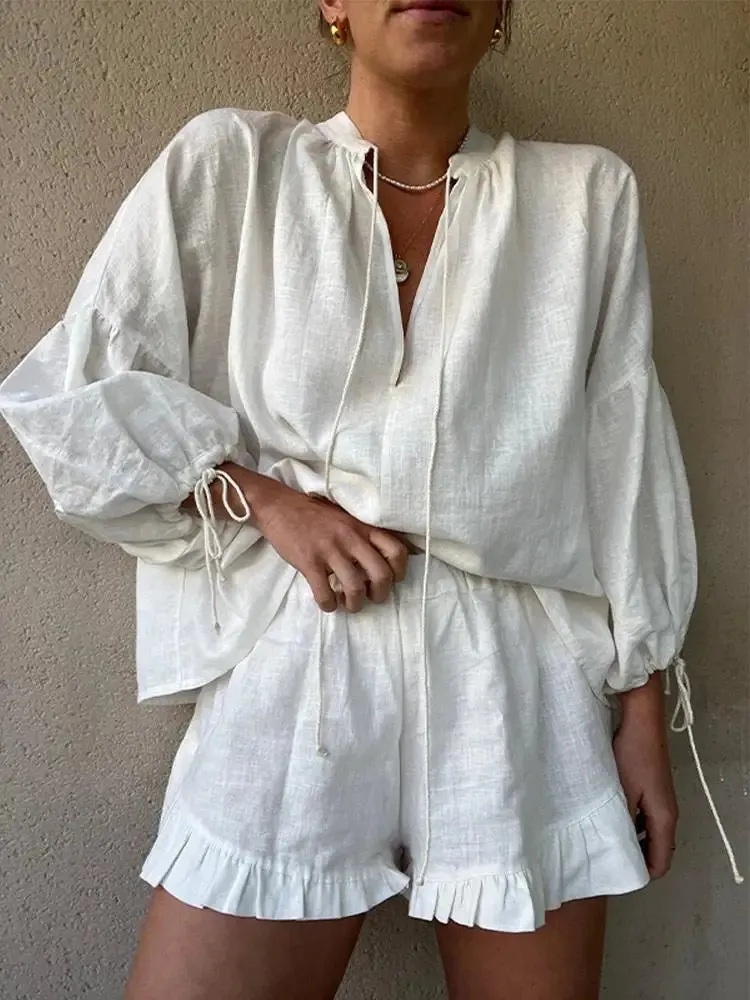White Linen Ruffles Shorts Set for Women - Fashionable Casual V-Neck Puff Sleeve Shirt Suit 2024 Summer New Female Vacation Outfits