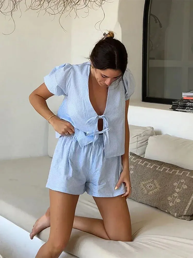 White Linen Ruffles Shorts Set for Women - Fashionable Casual V-Neck Puff Sleeve Shirt Suit 2024 Summer New Female Vacation Outfits