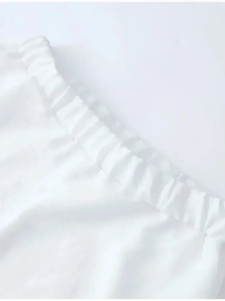 White Linen Ruffles Shorts Set for Women - Fashionable Casual V-Neck Puff Sleeve Shirt Suit 2024 Summer New Female Vacation Outfits