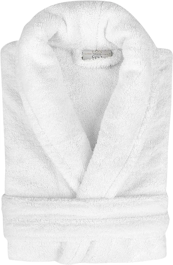 White Terry Cloth Turkish Cotton Shawl Collar Hotel Bathrobe - Unisex Italian Style Fitting - Single Robe
