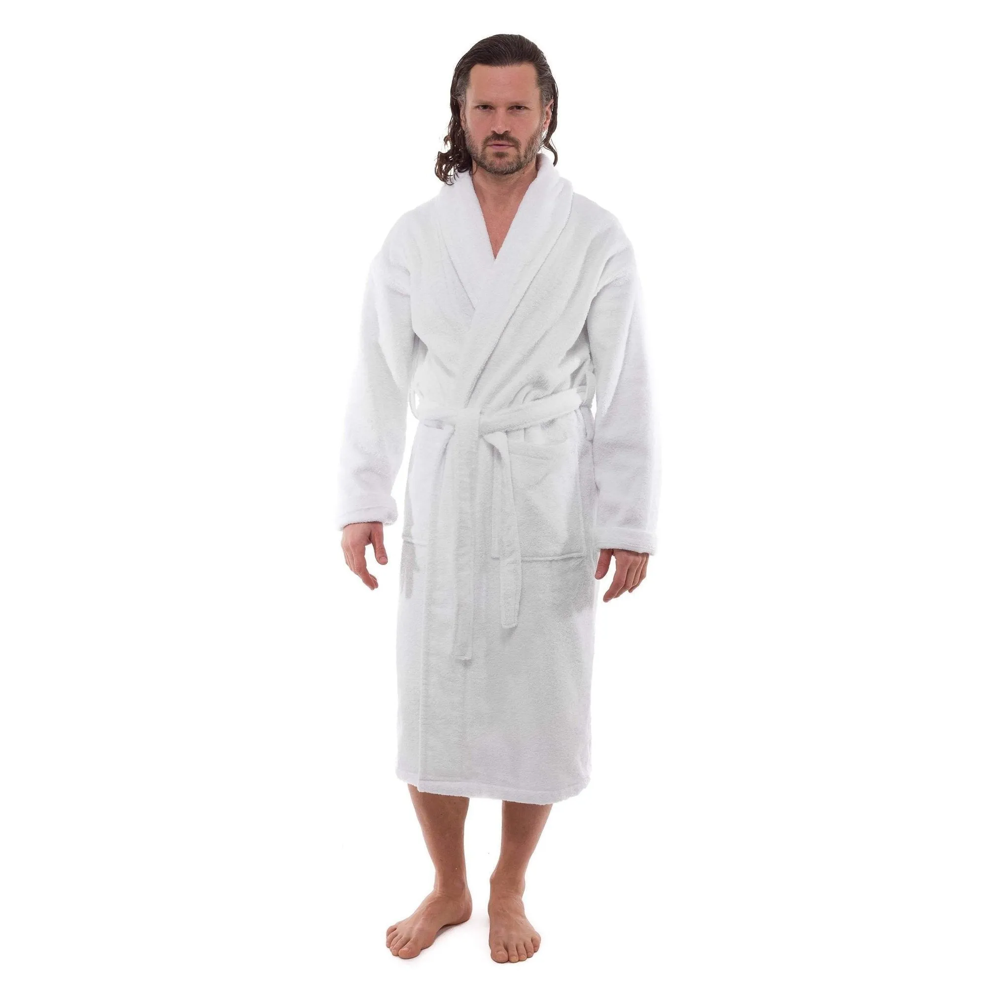 White Terry Cloth Turkish Cotton Shawl Collar Hotel Bathrobe - Unisex Italian Style Fitting - Single Robe