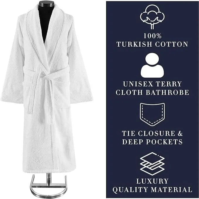 White Terry Cloth Turkish Cotton Shawl Collar Hotel Bathrobe - Unisex Italian Style Fitting - Single Robe