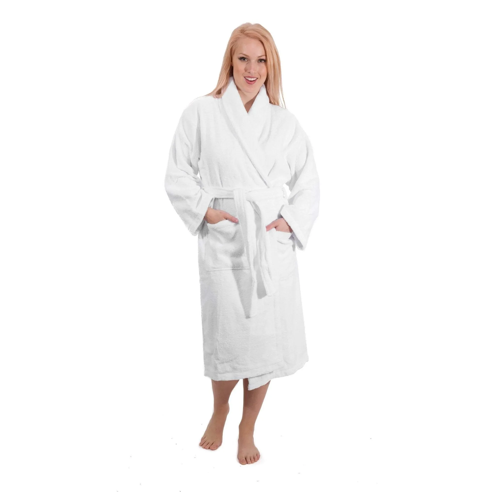White Terry Cloth Turkish Cotton Shawl Collar Hotel Bathrobe - Unisex Italian Style Fitting - Single Robe