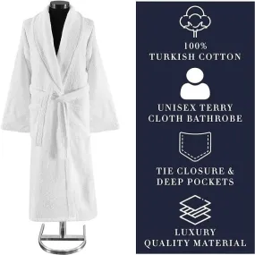 White Terry Cloth Turkish Cotton Shawl Collar Hotel Bathrobe - Unisex Italian Style Fitting - Single Robe