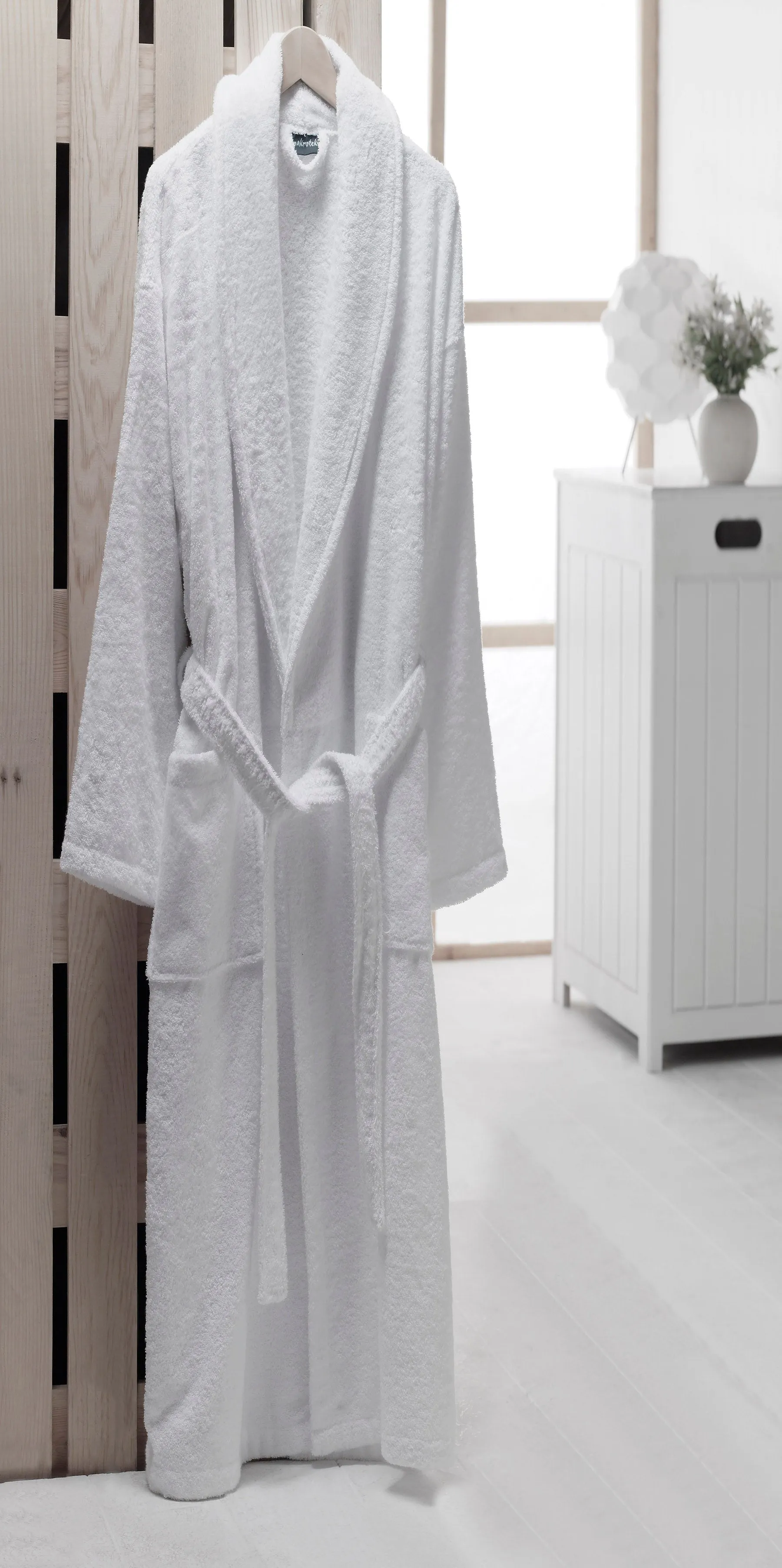 White Terry Cloth Turkish Cotton Shawl Collar Hotel Bathrobe - Unisex Italian Style Fitting - Single Robe
