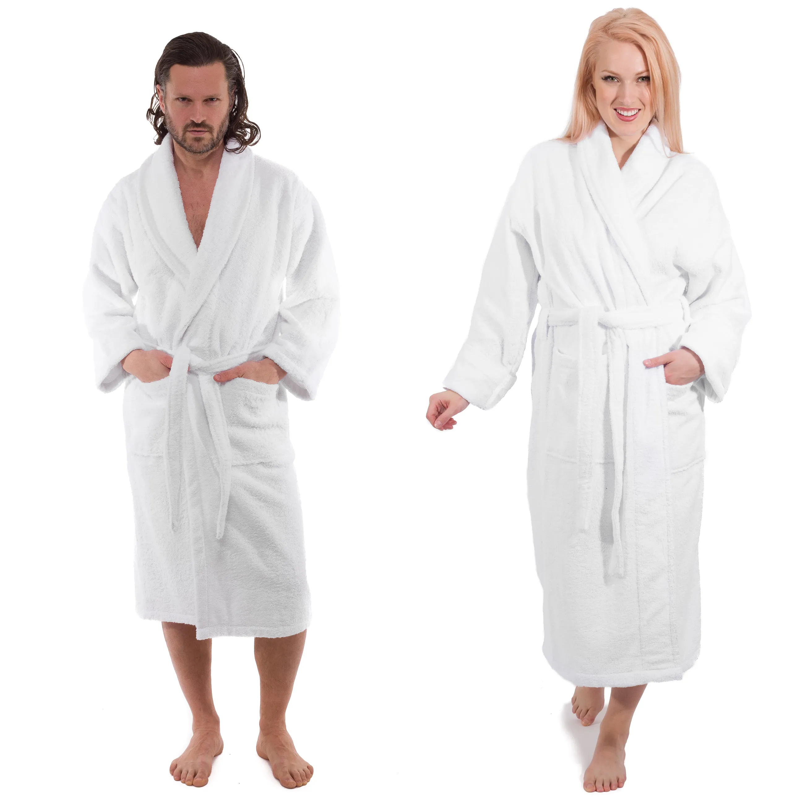 White Terry Cloth Turkish Cotton Shawl Collar Hotel Bathrobe - Unisex Italian Style Fitting - Single Robe