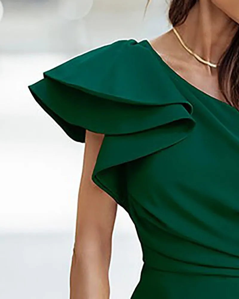 Women's One-shoulder Ruffled Pleated Party Elegant Dress Dresses