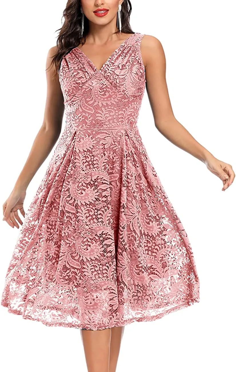 Women's Vintage Floral Lace Cocktail Party Dress Fit and Flare