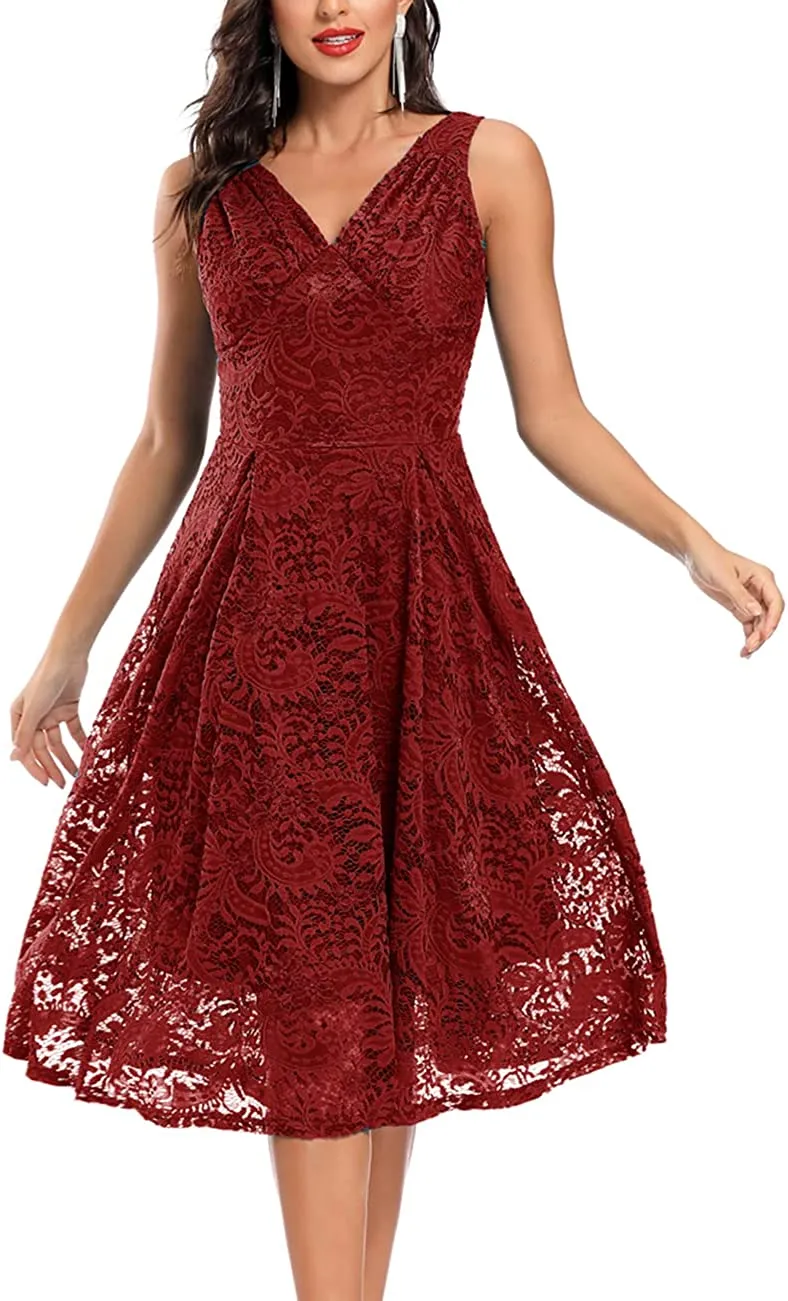 Women's Vintage Floral Lace Cocktail Party Dress Fit and Flare
