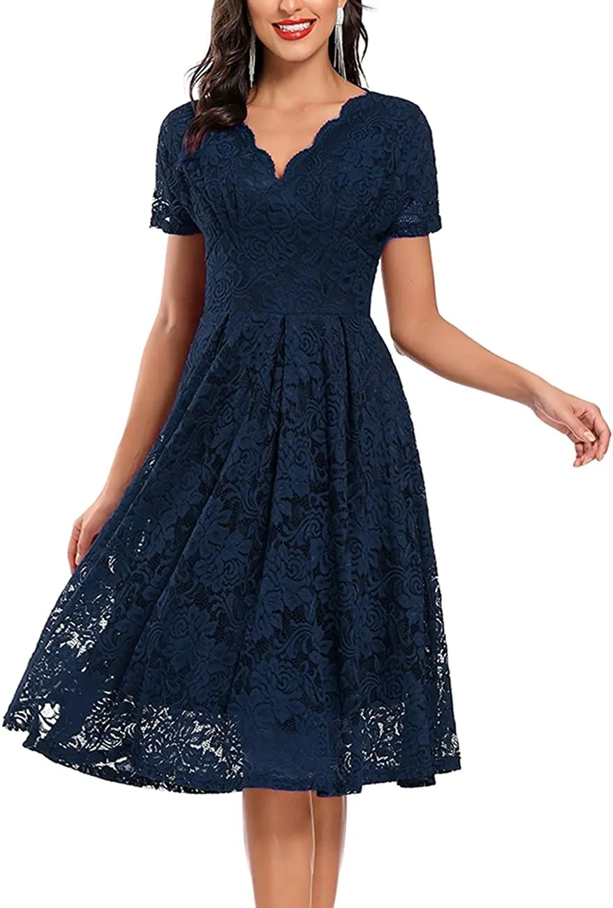 Women's Vintage Floral Lace Cocktail Party Dress Fit and Flare