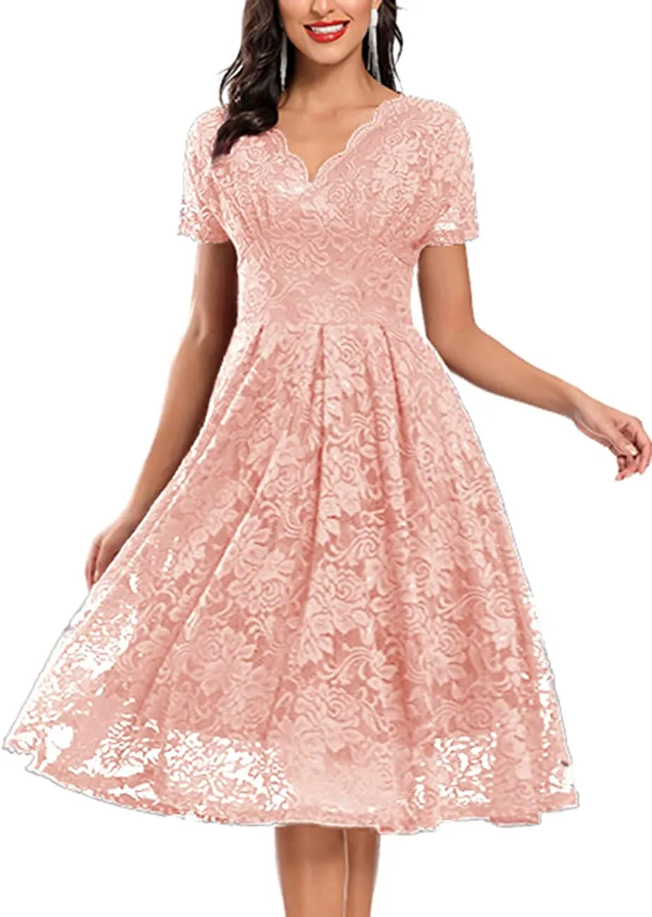 Women's Vintage Floral Lace Cocktail Party Dress Fit and Flare