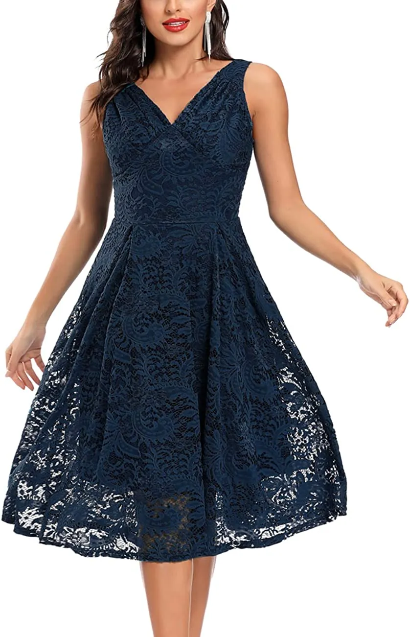 Women's Vintage Floral Lace Cocktail Party Dress Fit and Flare