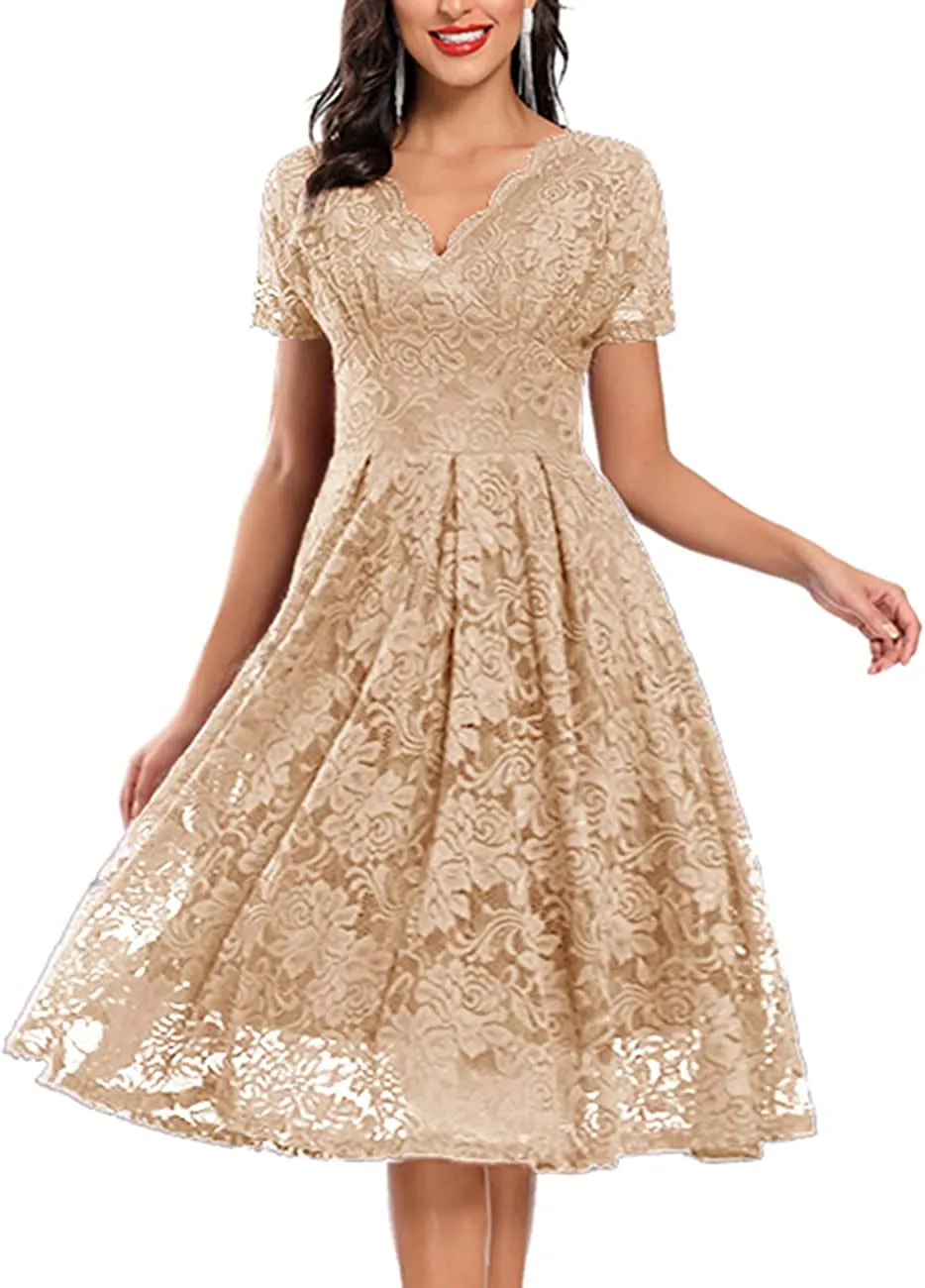 Women's Vintage Floral Lace Cocktail Party Dress Fit and Flare