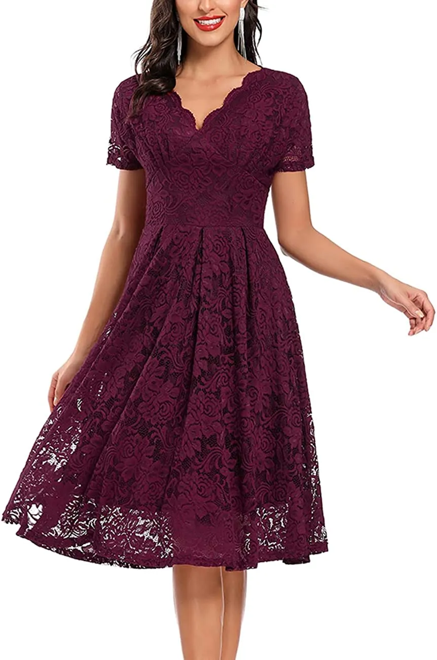 Women's Vintage Floral Lace Cocktail Party Dress Fit and Flare