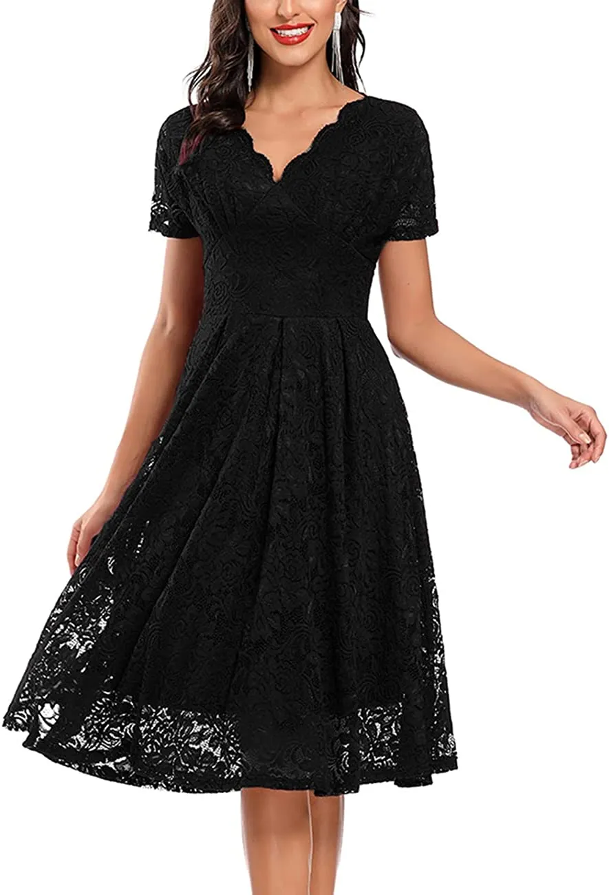 Women's Vintage Floral Lace Cocktail Party Dress Fit and Flare