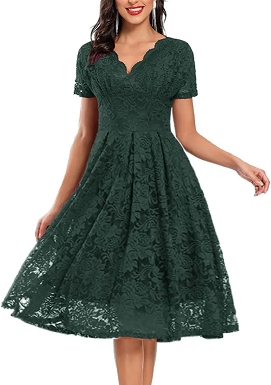 Women's Vintage Floral Lace Cocktail Party Dress Fit and Flare