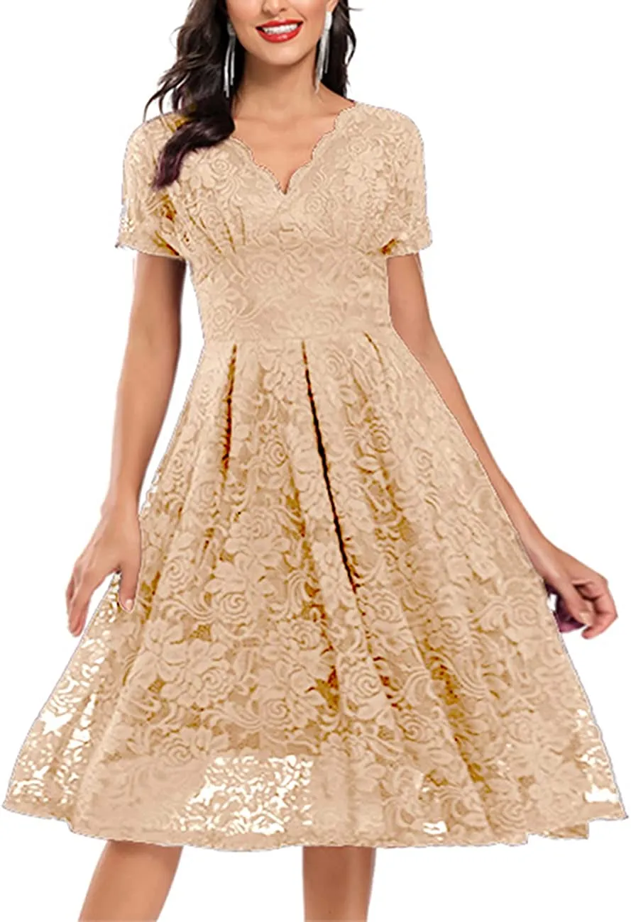 Women's Vintage Floral Lace Cocktail Party Dress Fit and Flare