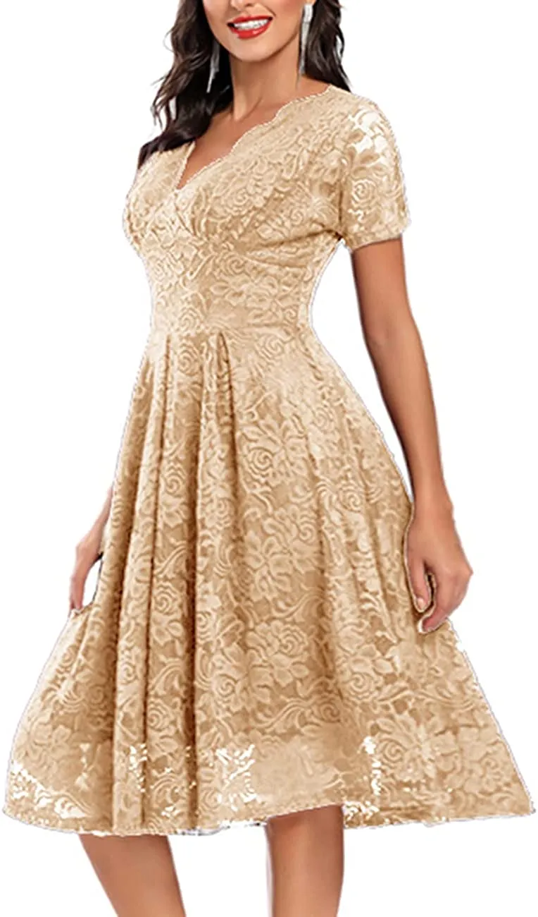 Women's Vintage Floral Lace Cocktail Party Dress Fit and Flare