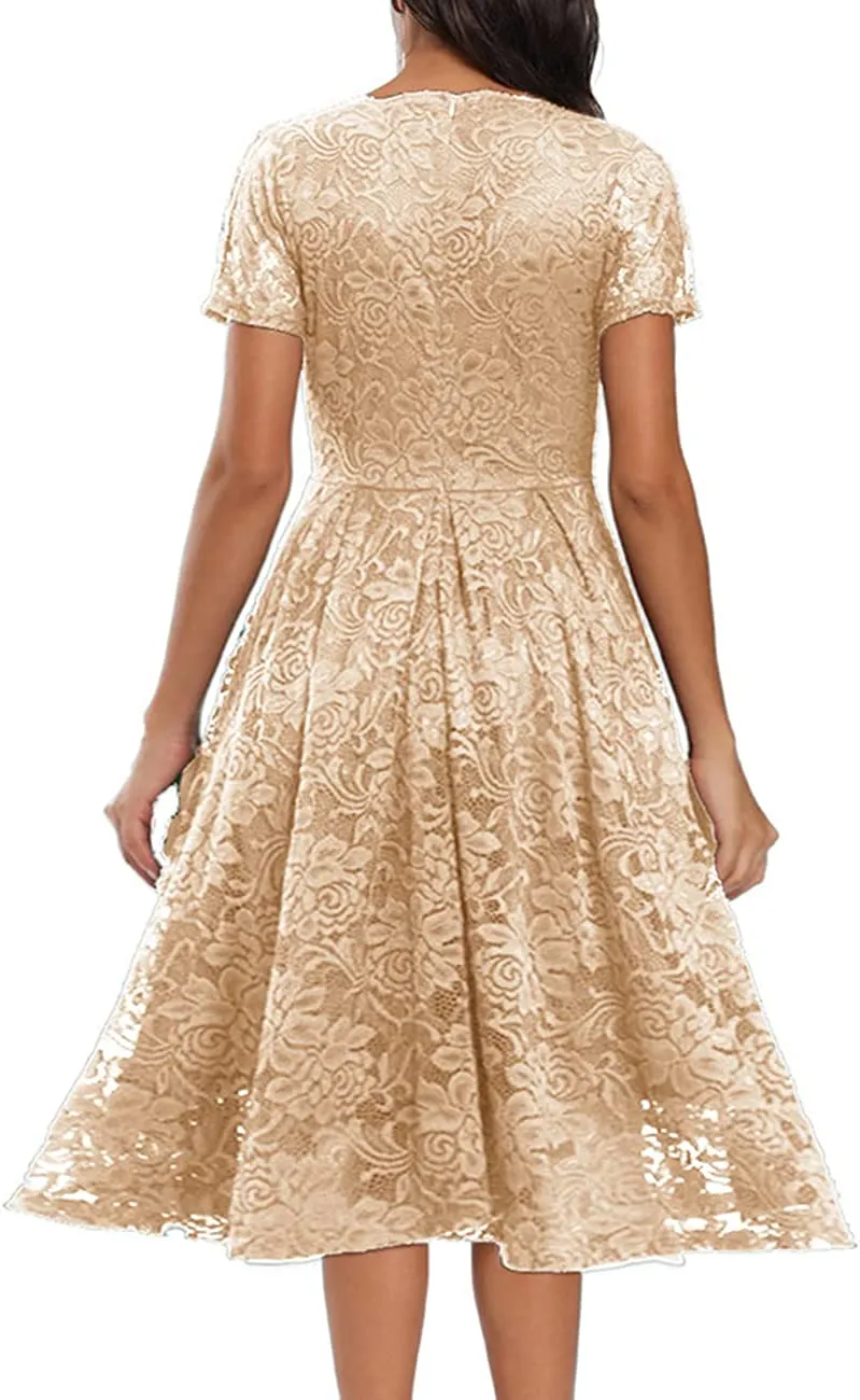 Women's Vintage Floral Lace Cocktail Party Dress Fit and Flare