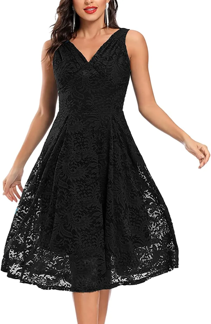 Women's Vintage Floral Lace Cocktail Party Dress Fit and Flare