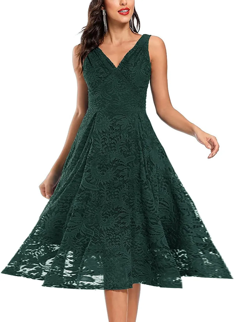 Women's Vintage Floral Lace Cocktail Party Dress Fit and Flare